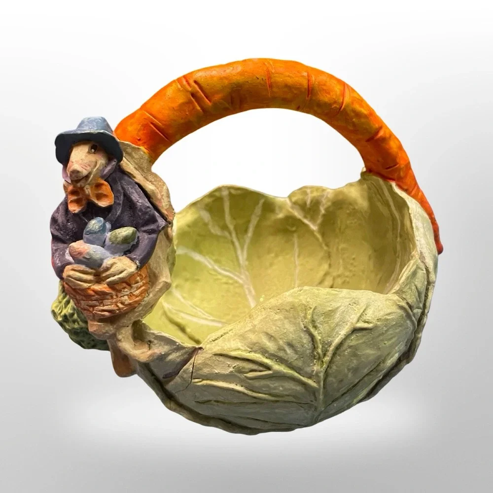 Easter Bunny Cabbage Leaf Basket Carrot Handle Resin Candy‎ Dish Spring Decor